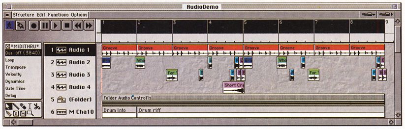 A computer screen displays audio editing software with multiple audio tracks, waveforms, colored segments, and a timeline, showing various clips and controls for editing a music project.