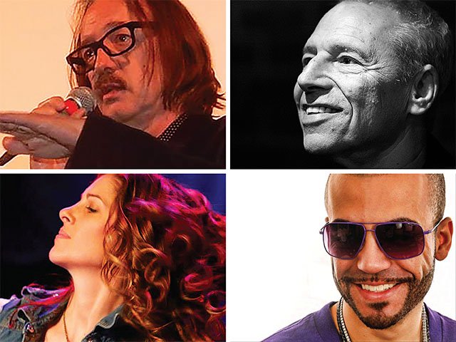 A collage of four people: a man with glasses speaking into a microphone, a smiling man in black and white, a woman with curly hair looking up, and a man wearing sunglasses, smiling.