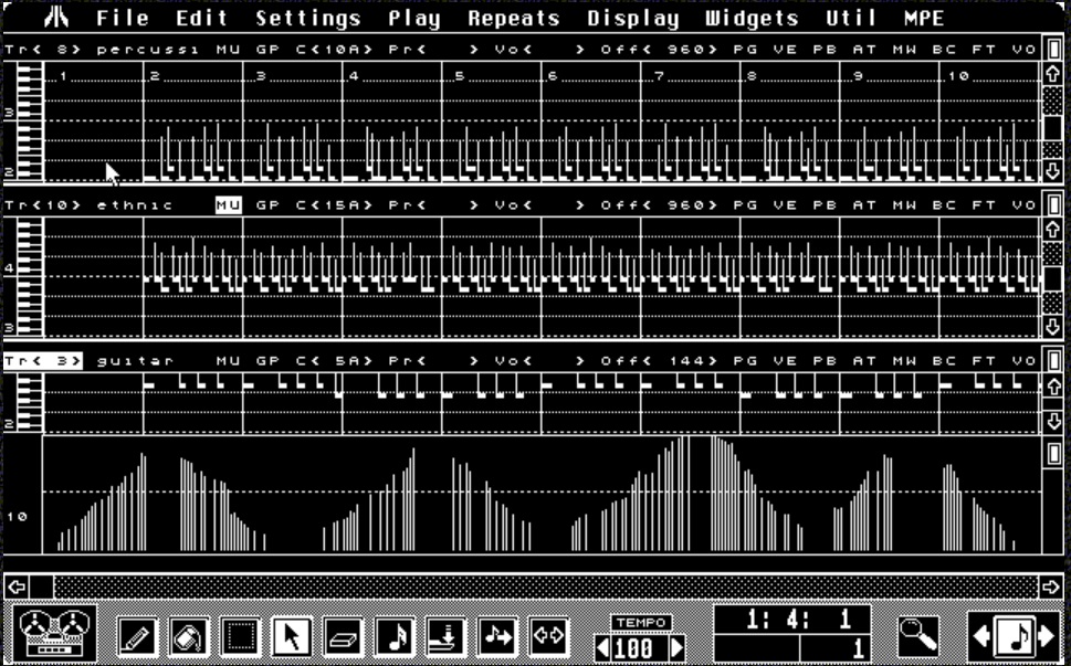 A black-and-white retro music tracker interface displays three tracks—percussive, ethnic, and guitar—with piano roll graphics, sliders, and various control icons at the bottom.