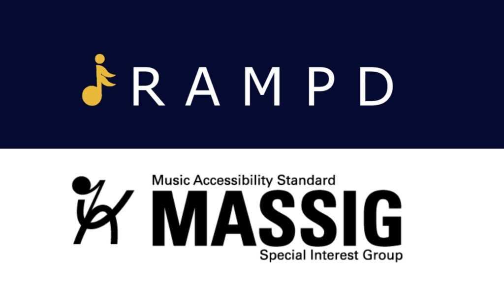 A dark blue section with a yellow music note figure and the word RAMPD. Below, a white section features Music Accessibility Standard MASSIG Special Interest Group with a stylized person and accessibility icon.