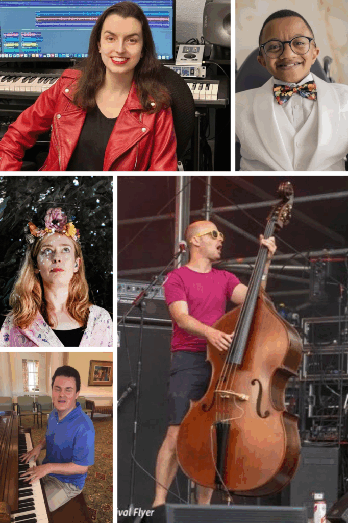 A collage featuring five people: a woman in a red jacket at a music workstation, a boy in a white suit and bow tie, a woman with a flower crown, a man playing a double bass on stage, and a man playing piano indoors.