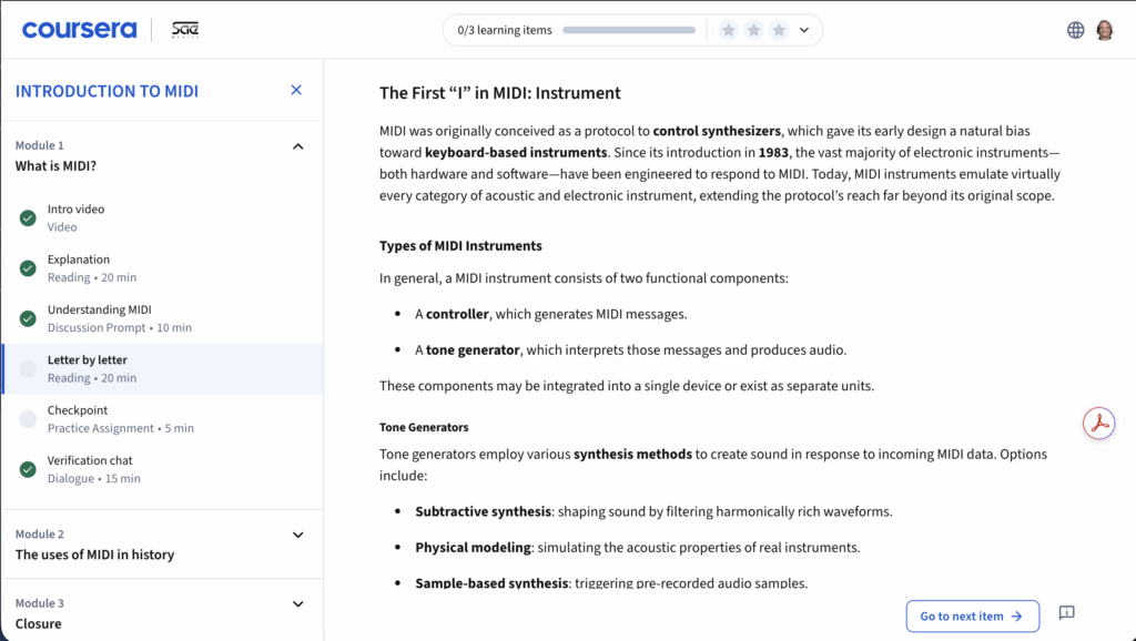 Screenshot of a Coursera course page titled Introduction to MIDI. The content explains the history of MIDI, types of MIDI instruments, and synthesis methods. A navigation menu is visible on the left. A Go to next item button is at the bottom right.
