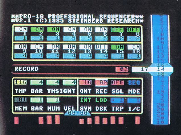 A vintage computer screen displays the Pro-16 Professional Sequencer software by Steinberg Research. The interface shows colored grids, toggle switches, numbers, and various settings for recording and sequencing music.