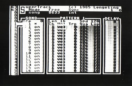 Black and white screenshot of an old music sequencer software interface, showing columns for song, pattern, and delay settings, with various numerical and on/off data displayed.