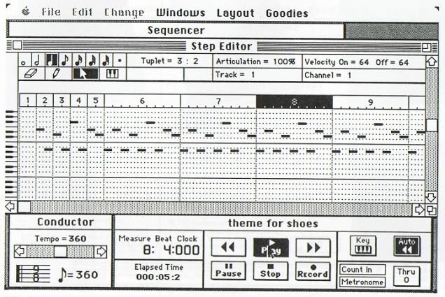 A vintage music sequencing software interface displays a step editor, track and channel settings, tempo controls, and playback buttons. Various icons and grid lines organize musical notes and measures.