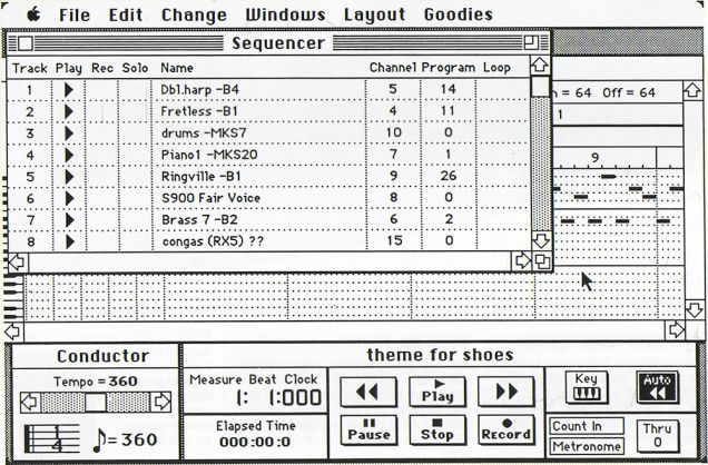 A grayscale screenshot of a vintage music sequencer software with multiple track controls, tempo setting, transport buttons, and a piano roll interface. The main window displays tracks with instrument names and program numbers.