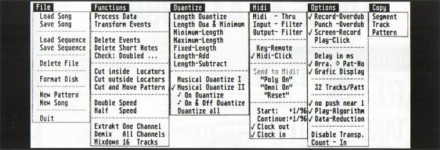 A software interface menu with categories: File, Functions, Quantize, Midi, Options, and Copy. Each has multiple submenu options listed in columns, showing features for music sequencing and editing.