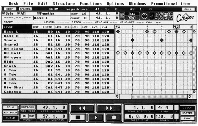A black-and-white screenshot of a vintage drum machine software interface, showing instrument names, step sequencer grid, and various control buttons for editing rhythms and patterns.