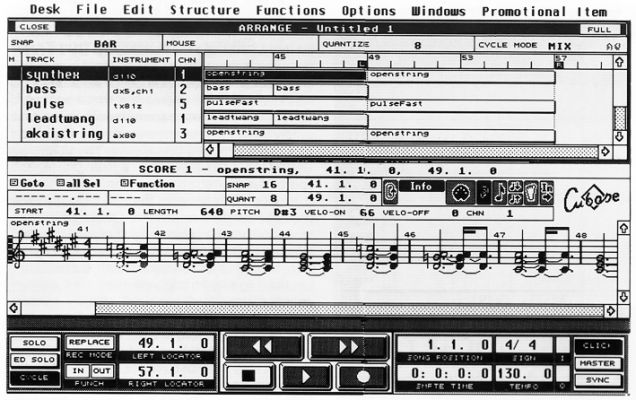 A black-and-white screenshot of vintage music software displaying tracks, a piano roll, sheet music notation, transport controls, and a digital interface with options for editing and arranging a song.