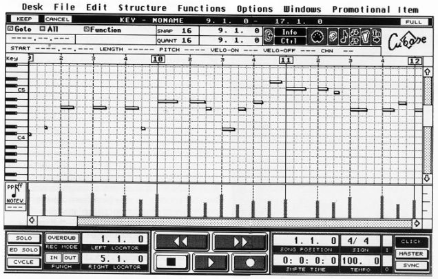 A grayscale screenshot of an old Cubase music sequencer interface displays a piano roll editor with notes arranged on a grid, various controls, menus, and playback options at the top and bottom.