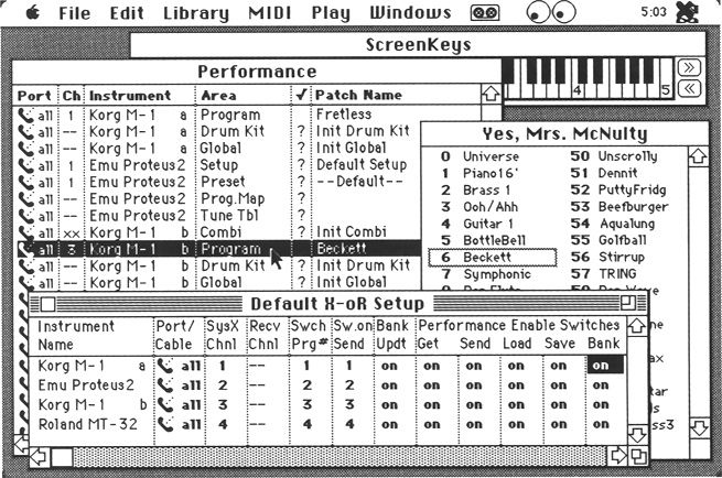 A vintage computer screen displays a music software interface with instrument and patch settings, performance lists, and controls for MIDI devices. Black-and-white text, tables, and a small keyboard graphic are visible.