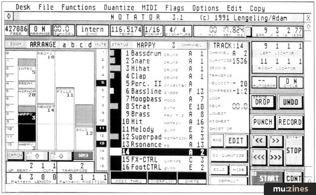 A black-and-white screenshot of Notator 3.1, a vintage MIDI music sequencing software, showing various tracks, patterns, editing options, controls, and parameters for arranging electronic music.