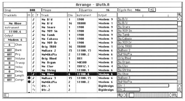 A vintage computer screen displays a digital audio workstation interface, showing multiple tracks with instruments, outputs, and settings in a grid layout, featuring sliders and buttons for editing music arrangements.