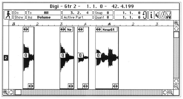 Black and white screenshot of an early digital audio workstation showing multiple audio waveforms labeled Ne and New6t in separate sections, with various editing and playback controls at the top.