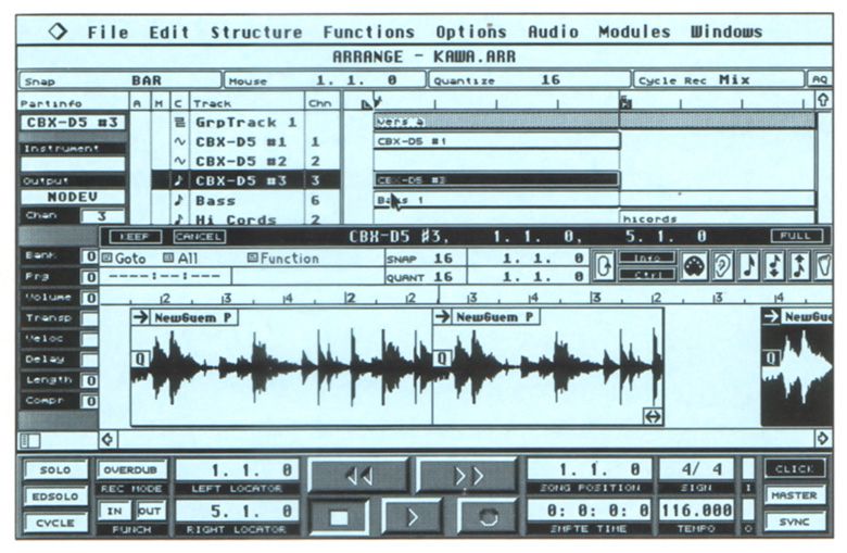 A vintage computer audio editing software interface shows multiple tracks, waveforms, controls, and menus for arranging and mixing music. The screen displays editing tools, timeline, and track settings in a retro graphical style.