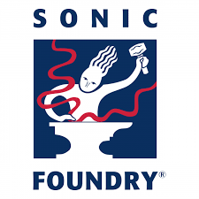 Sonic Foundry logo featuring a stylized person with wavy hair forging at an anvil, surrounded by red squiggly lines, with the words SONIC above and FOUNDRY below the image.