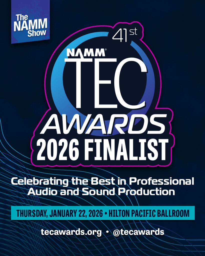 Promotional graphic for the 41st NAMM TEC Awards, featuring 2026 Finalist text and event details: Thursday, January 22, 2026, at the Hilton Pacific Ballroom. Includes NAMM Show and social media info.