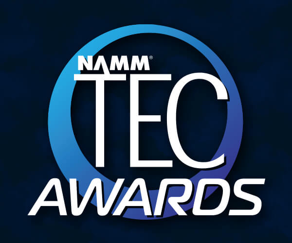 The image shows the NAMM TEC Awards logo with NAMM TEC AWARDS in bold white text over a blue circular gradient background.