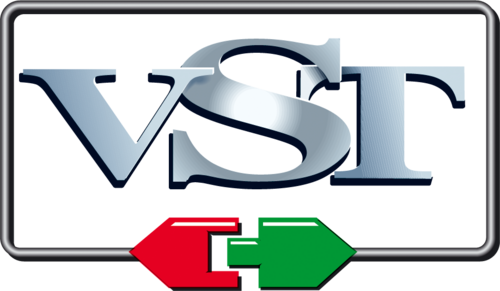 Logo with large metallic letters VST inside a rectangular border. Below the letters are a red left-facing arrow and a green right-facing arrow connected at their points.
