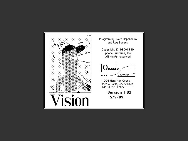 Black-and-white computer software splash screen featuring a pixelated figure with geometric shapes, program details, company address, copyright info (1985-1989), and the word Vision at the bottom. Version 1.02, dated 5/9/89.