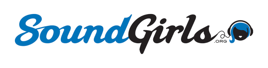 Logo for SoundGirls.org, featuring the word Sound in blue script, Girls in black script, and a stylized face with headphones forming the letter O in .ORG.