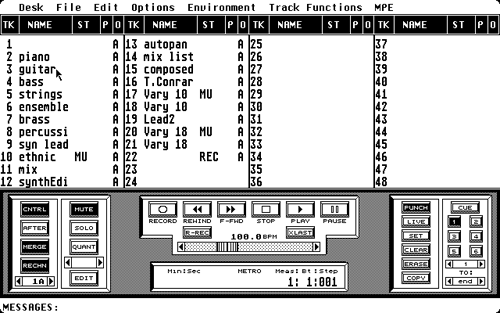 A black-and-white screenshot of a vintage music sequencing software interface showing multiple tracks labeled piano, guitar, bass, and more, with various control buttons and menu options at the top and bottom.