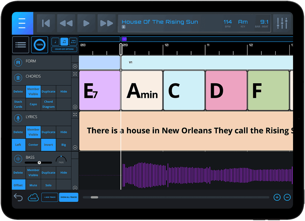A tablet screen displays a music app showing a song arrangement for House Of The Rising Sun, with chords E7, Amin, C, D, F, lyrics, a waveform, and editing options on the left sidebar.