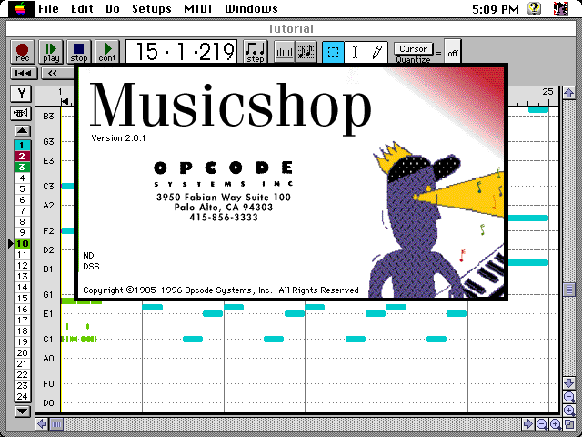 A screenshot of a 1990s Windows music software called Musicshop. A business card pop-up with a cartoon bird at a keyboard overlays a piano roll MIDI editing window showing notes on a timeline.