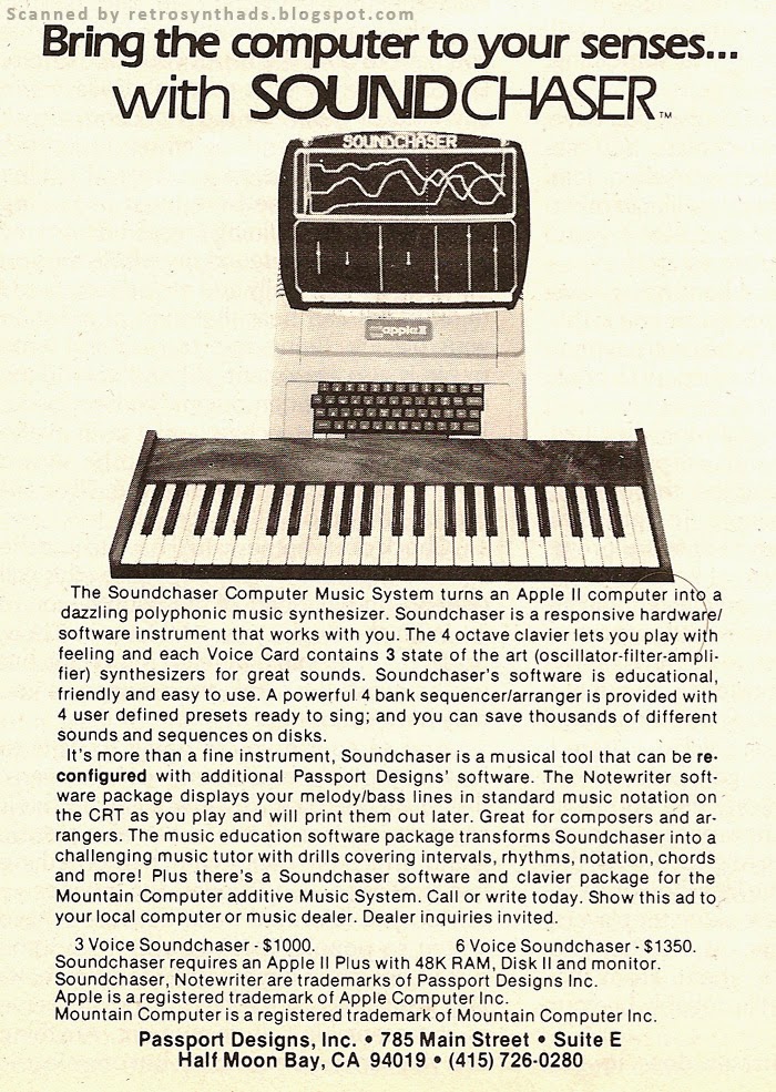 A vintage advertisement for the Soundchaser Computer Music System shows a computer with a monitor and a musical keyboard in front of it. Text describes the systems features and contact information is listed at the bottom.
