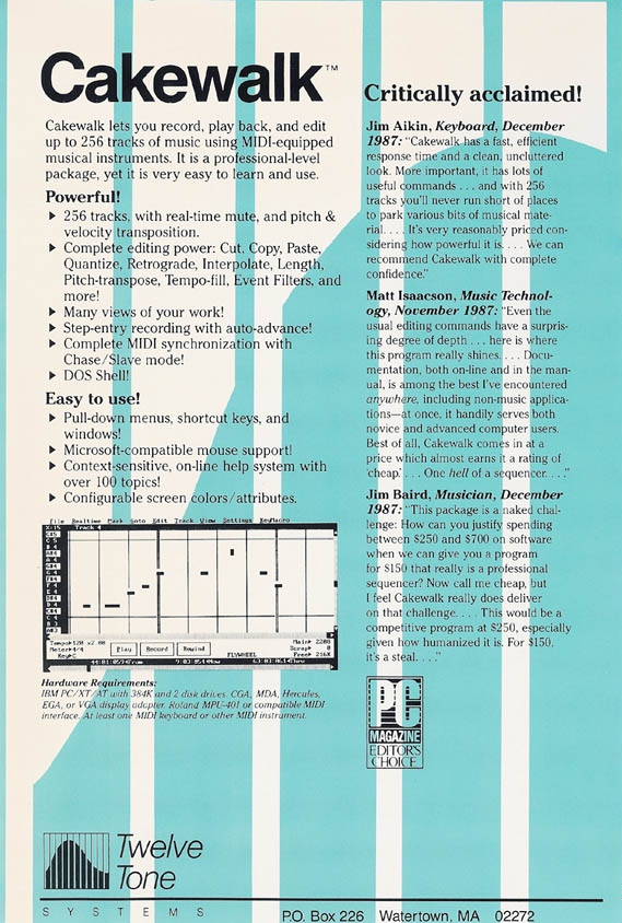 An advertisement for Cakewalk software from Twelve Tone Systems, highlighting its MIDI music editing features and critical acclaim, with a software screenshot and text describing its capabilities.