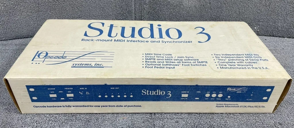 A vintage Opcode Studio 3 rack-mount MIDI interface and synchronizer box, featuring product details, features list, and an illustration of the device’s front panel on a gray textured background.
