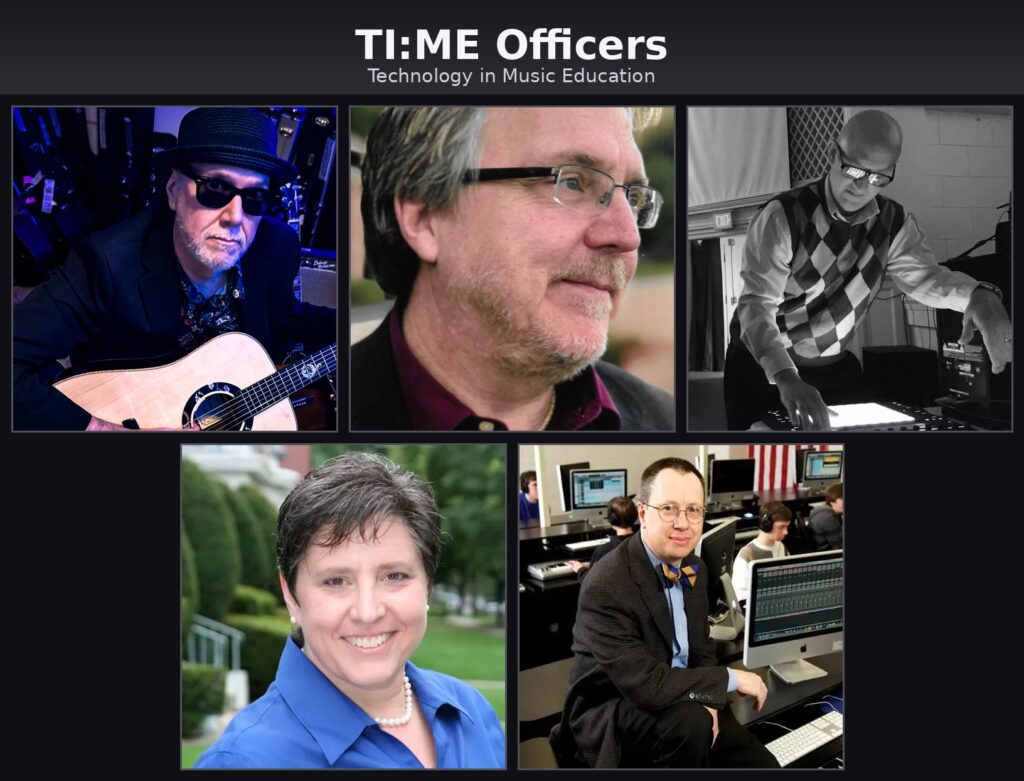 A collage of five TI:ME Officers, featuring three men and two women, each in separate portraits, some with musical instruments or studio equipment, and the text TI:ME Officers Technology in Music Education at the top.