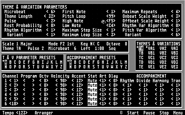 A retro black-and-white computer interface displays music composition parameters, including theme, rhythm, pitch, and accompaniment presets. The screen is filled with text boxes, symbols, and various alphanumeric controls.