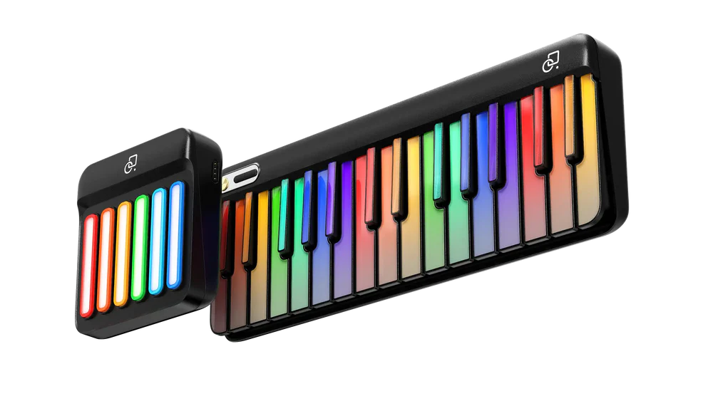 A brightly colored, rainbow-lit electronic keyboard and a smaller matching pad, both with illuminated keys, set against a white background.