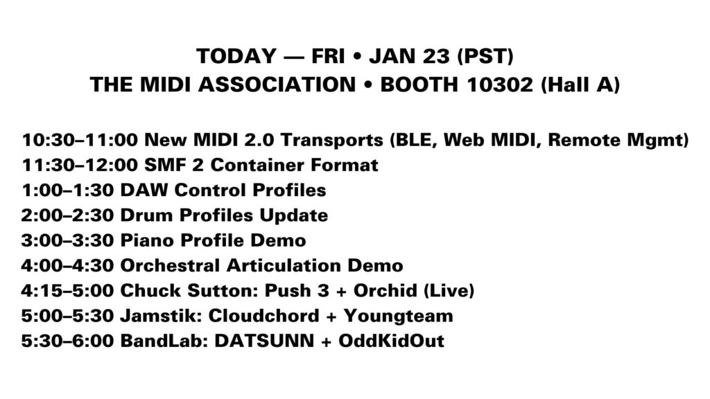 A schedule for The MIDI Association at Booth 10302 lists events for Friday, January 23, including demos, updates, and performances from 10:30 AM to 6:00 PM, such as DAW Control Profiles and live bands.