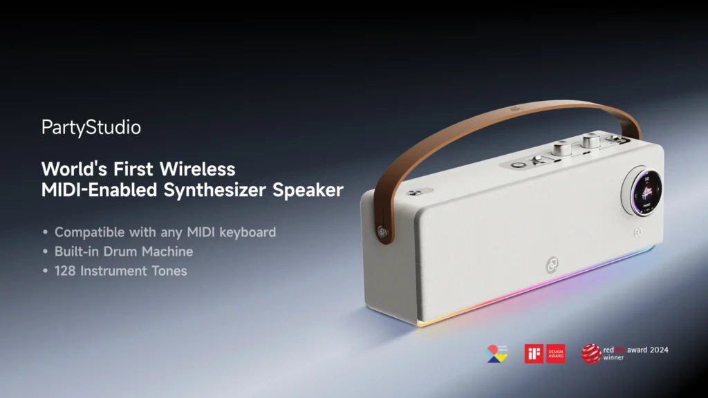 A sleek, rectangular white wireless MIDI-enabled synthesizer speaker with a brown carrying handle and colorful LED strip at the base. Text highlights its compatibility, built-in drum machine, and 128 tones. Award logos are shown.