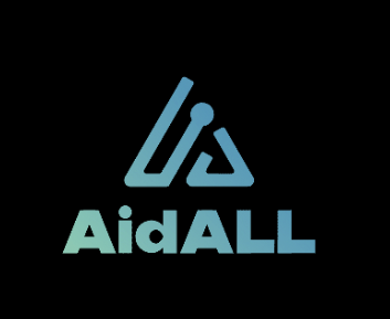 Logo for AidALL featuring a stylized geometric design above the word AidALL in bold, gradient blue-green text on a black background.