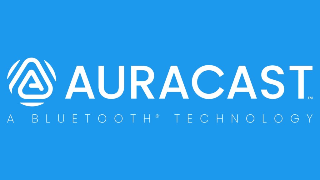 Auracast logo with a triangular icon on the left and the words “AURACAST A BLUETOOTH TECHNOLOGY” in white text on a blue background.