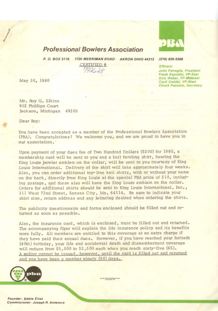 A typed letter from the Professional Bowlers Association to Roy G. Elkins, dated May 30, 1980, confirming his membership for the year. The letter is on official letterhead with a green PBA logo and a section for signatures at the bottom.