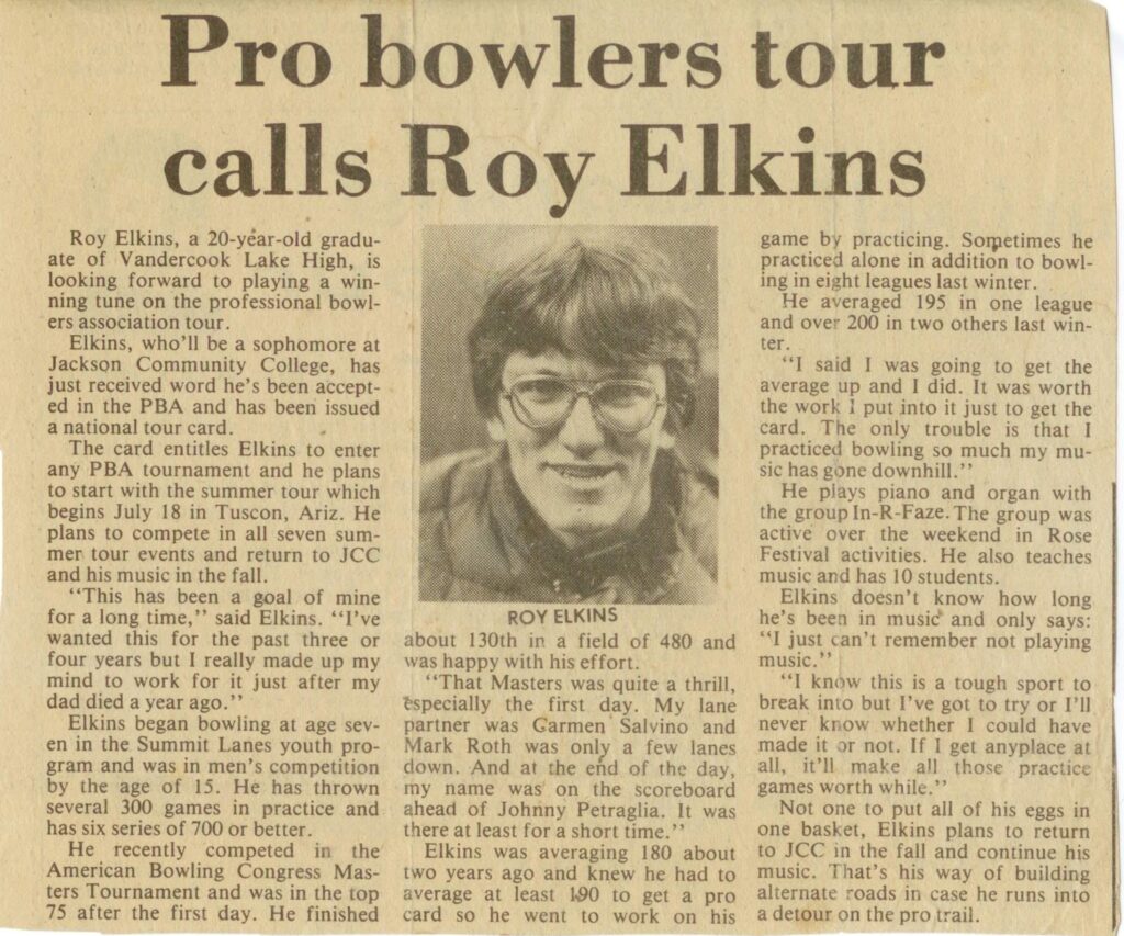 A newspaper article titled Pro bowlers tour calls Roy Elkins features a photo of Roy Elkins smiling, wearing glasses. The article discusses his bowling achievements and upcoming participation in a professional tour.