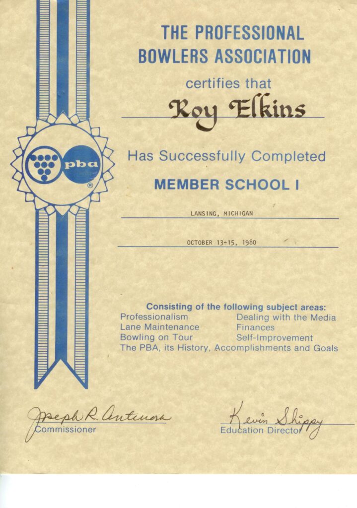 Certificate from the Professional Bowlers Association awarded to Roy Elkins for completing Member School I in Lansing, Michigan, October 13-15, 1980, with subject areas listed and signatures at the bottom.