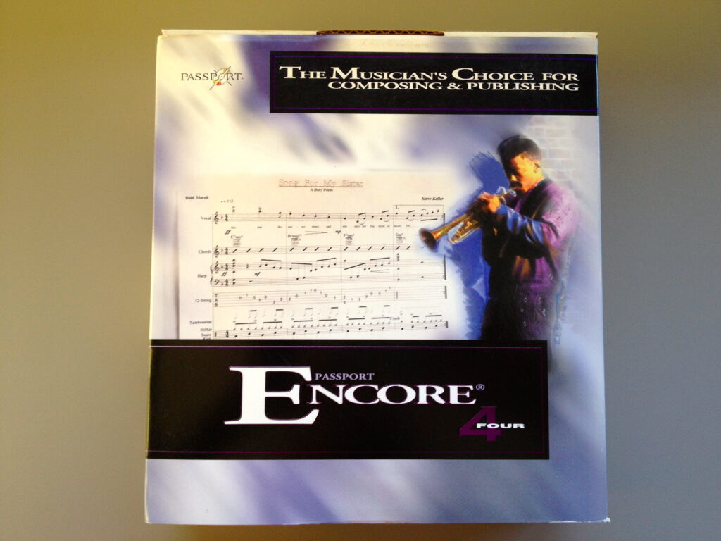 The image shows a software box for Passport Encore 4, a music composing and publishing program, with a picture of a trumpet player and sheet music on the front.