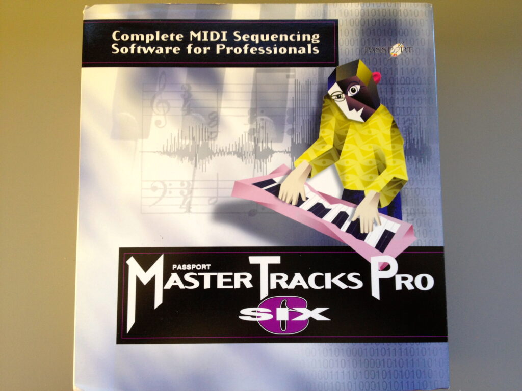 Box cover for Master Tracks Pro SIX MIDI sequencing software, featuring a stylized geometric figure playing a keyboard, a musical staff in the background, and bold text for the software title and description.