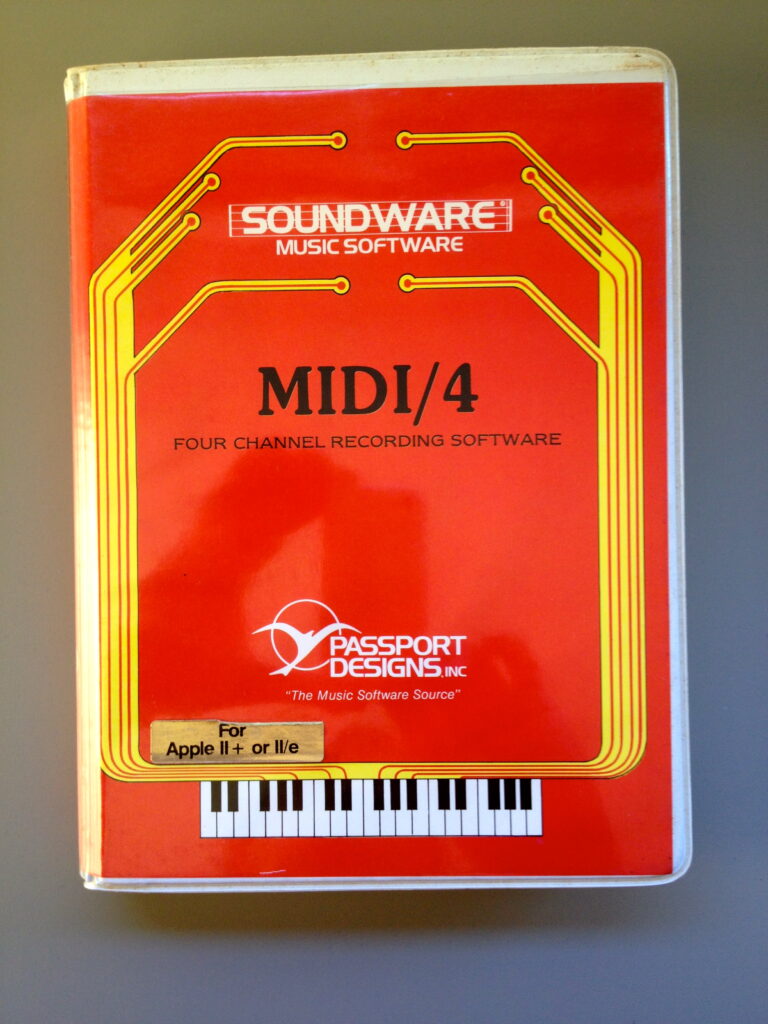 A red software case labeled SOUNDWARE MUSIC SOFTWARE MIDI/4 Four Channel Recording Software by Passport Designs Inc. A sticker reads For Apple II+ or IIe above a piano keyboard graphic.