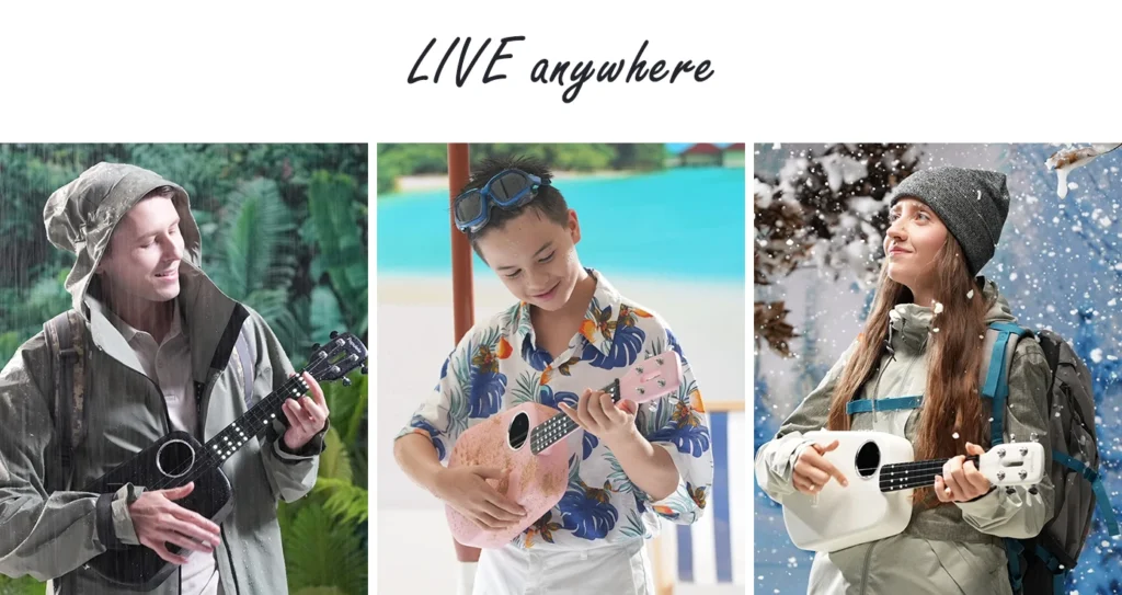 Three people play ukuleles in different environments: a person in the rain with a black ukulele, someone by the beach with a pink ukulele, and a person in snowy mountains with a white ukulele. Text above reads LIVE anywhere.