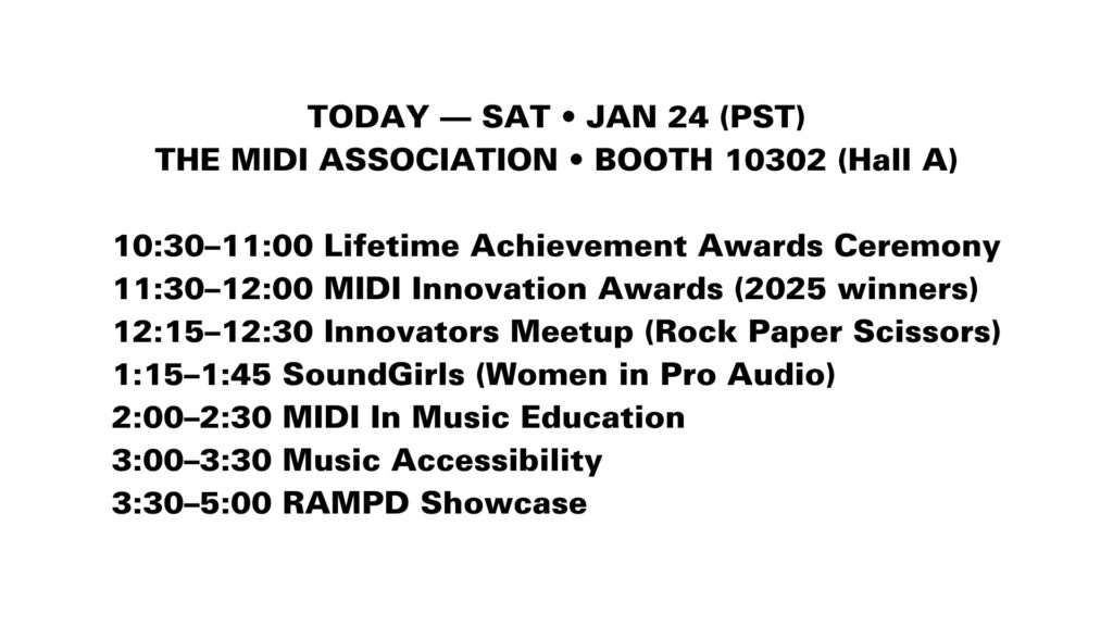 Schedule for The MIDI Association at Booth 10302 (Hall A) on Saturday, January 24 (PST), listing events from 10:30 AM to 5:00 PM, including awards, meetups, panels, and showcases.