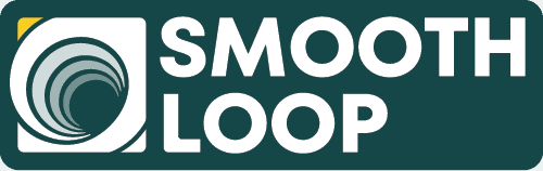 Logo with a stylized wave-like swirl inside a square on the left, and the words SMOOTH LOOP in bold white letters on a dark teal background.