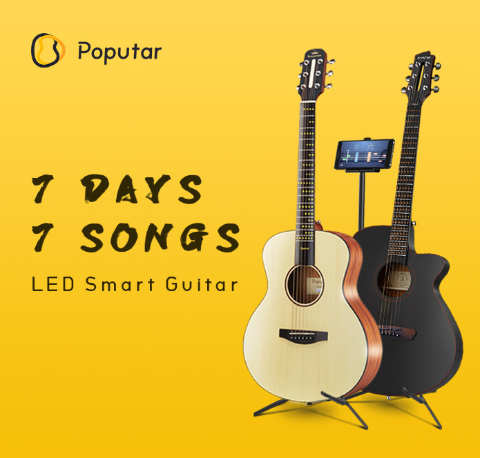 Two acoustic guitars, one light-colored and one black, are displayed on stands against a yellow background. A tablet is mounted behind them. Text reads: Poputar. 7 Days 7 Songs. LED Smart Guitar.