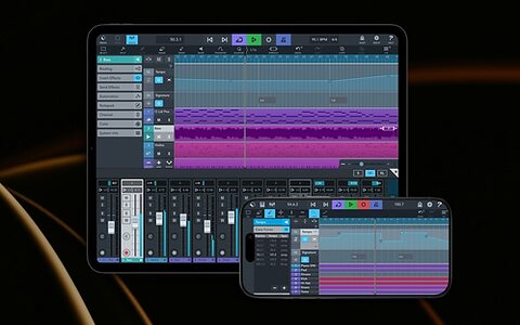 A tablet and a smartphone display the same digital audio workstation interface with multiple tracks, mixing controls, and waveforms, set against a dark background with curved orange lines.