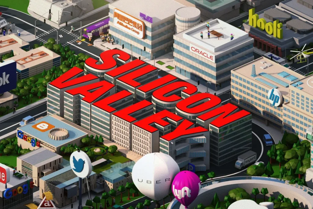 Illustration of a cityscape featuring large red text reading SILICON VALLEY, surrounded by office buildings with logos like Oracle, HP, Twitter, Facebook, Uber, Lyft, and fictional companies from the TV show Silicon Valley.